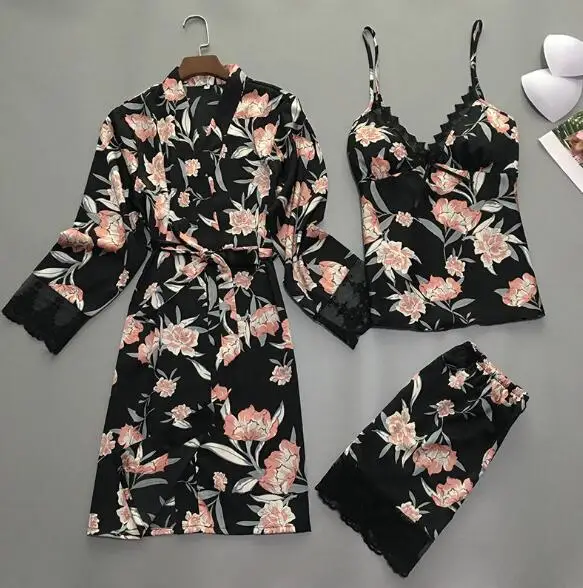 

Fdfklak Sexy 3 piece pajamas women spring summer pajama set print silk women's sleepwear home suit ladies nightwear pijamas