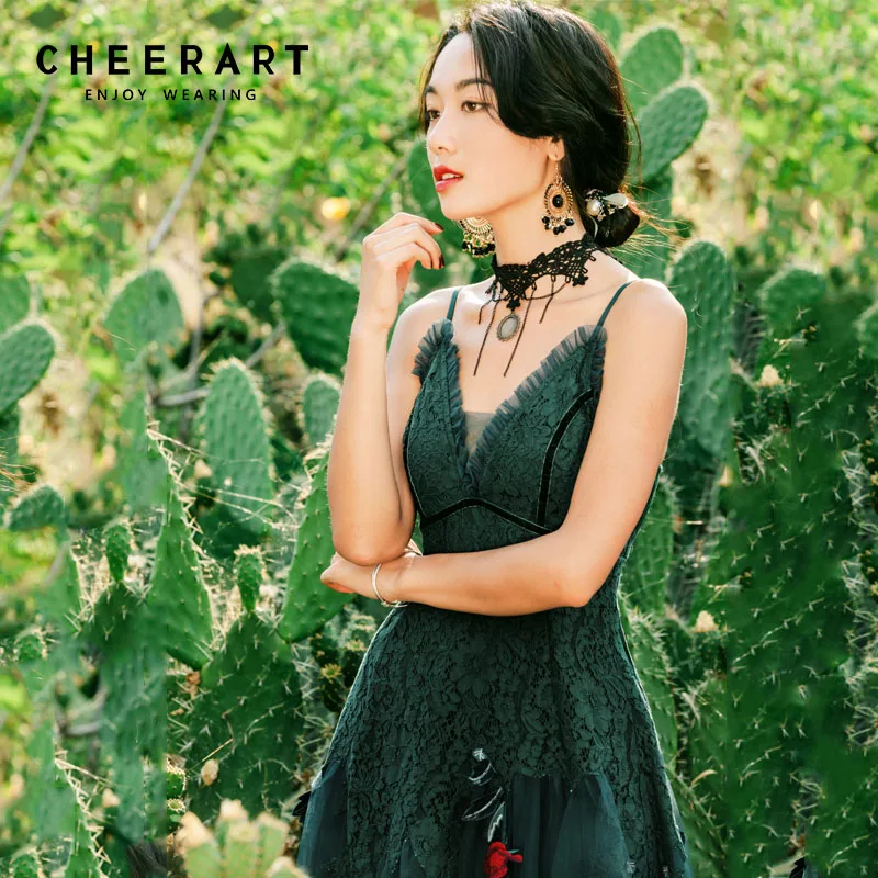 Cheerart зеленые кружевные вечерние платья с бретельками, женское Сетчатое облегающее длинное платье миди с v-образным вырезом, летняя одежда