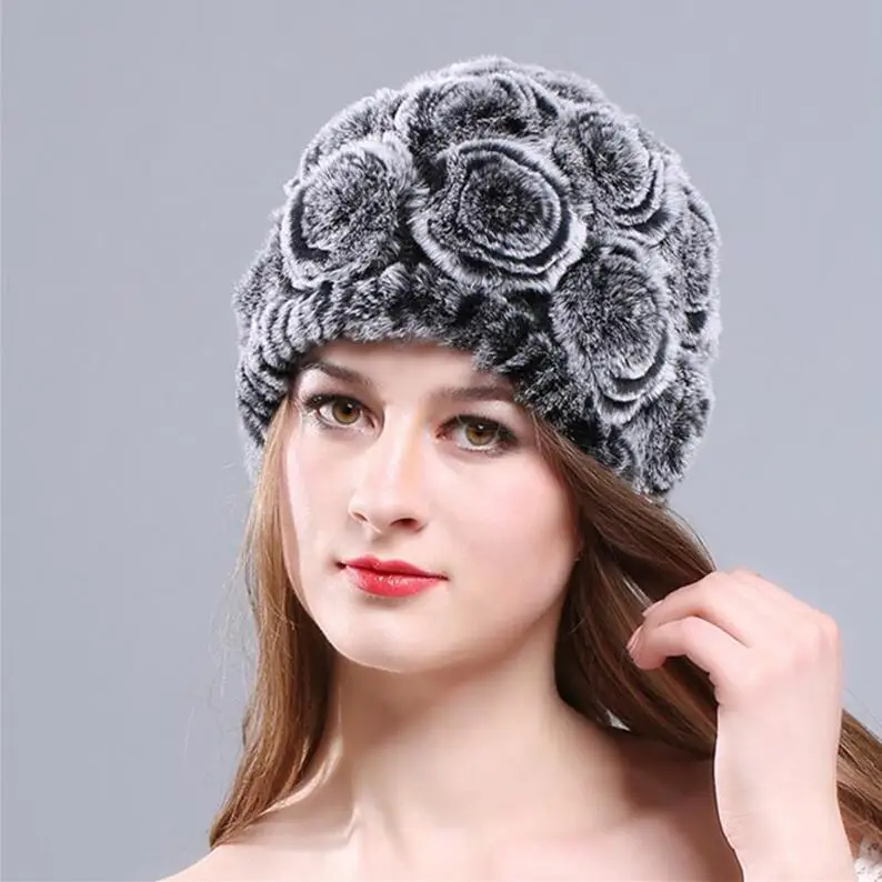 Классические женские шапки из меха кролика рекс модные розовые стильные шапочки милые шапки для девочек зимняя теплая натуральная меховая шапка LX00212 - Цвет: Grey