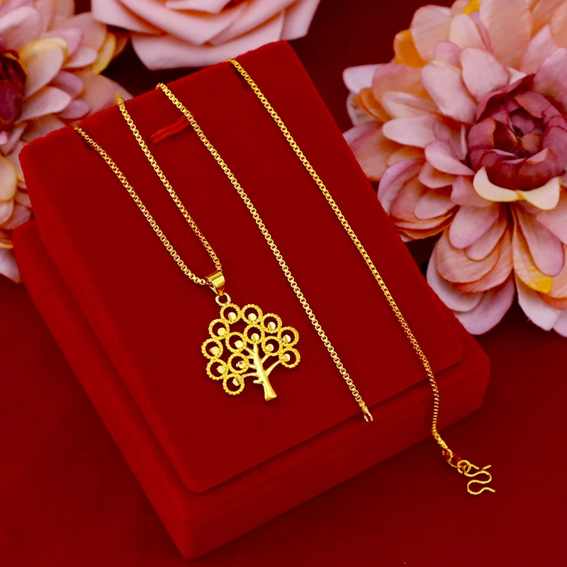 Ожерелье из чистого желтого золота для женщин подвеска в виде денежной елки и