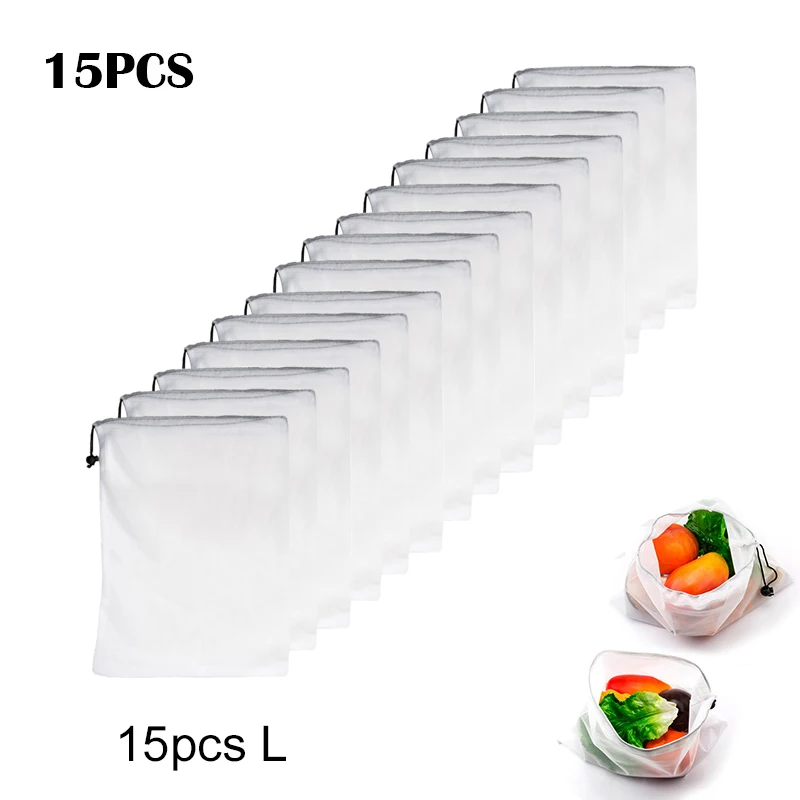 07 15pcs 15 шт многоразовые сетчатые мешки для овощей и фруктов, моющиеся экологически чистые сумки для хранения продуктов, игрушек, мелочей - Цвет: 07 15pcs
