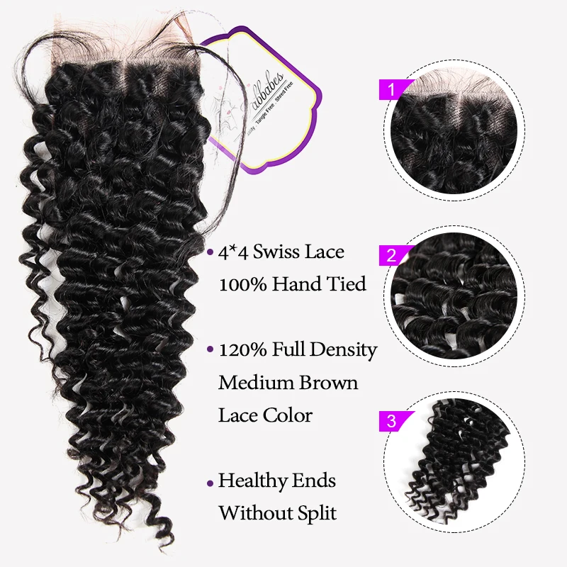FABBABES Brazilian Deep Wave Human Hair 3 Bundles With Lace Closure 100% Remy with Middle and Free Part Two Option | Шиньоны и парики