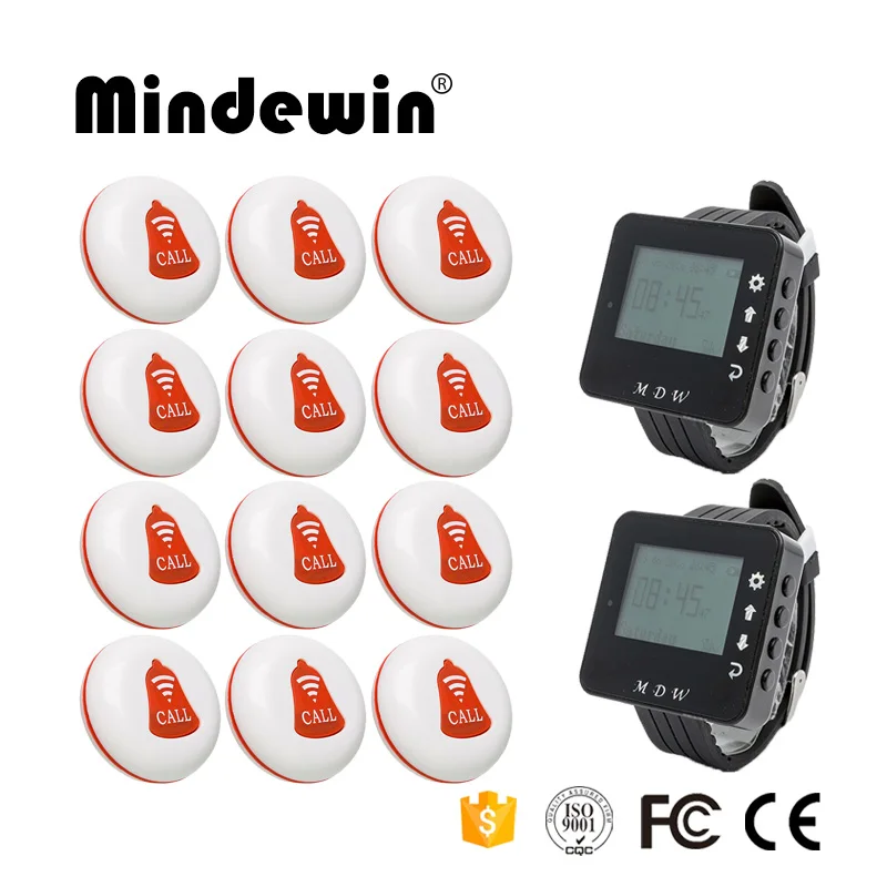 Mindewin Беспроводная система вызова для ресторана официанта пейджера 12 шт. настольные кнопки вызова M-K-1 и 2 шт. наручные часы пейджер M-W-1 - Цвет: White red