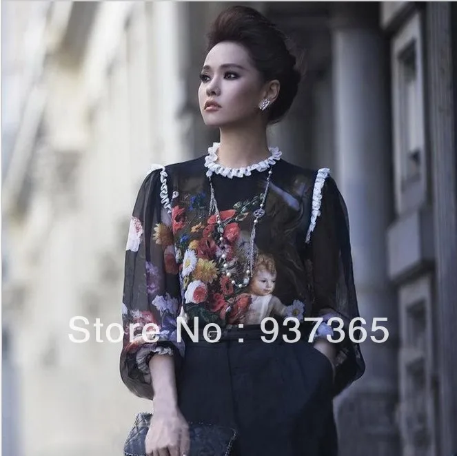 Free Shipping 2013 Autumn New Women runway fashion vintage style Retro angel painting print lady casual silk lace blouse shirt |