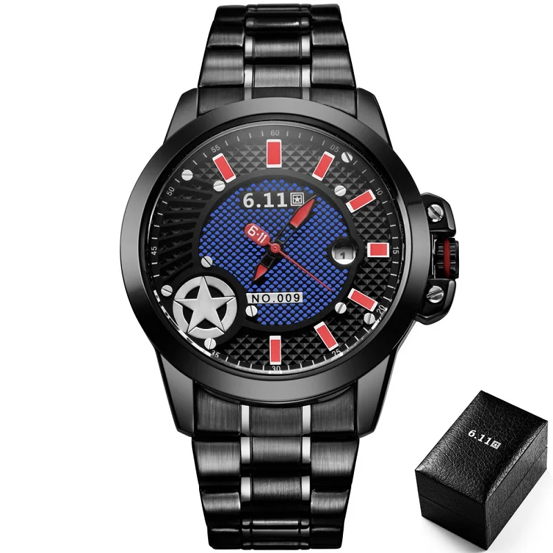 black red 6,11 мужские модные часы на солнечных батареях, полностью стальные часы, армейские военные уличные кварцевые наручные часы, повседневные спортивные часы no.009 - Цвет: black red