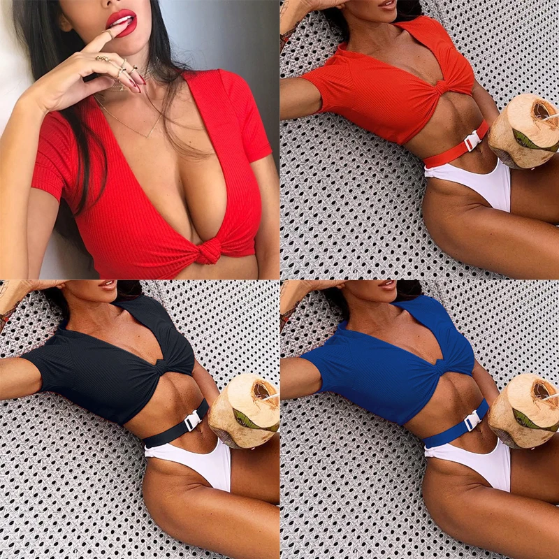LOOZYKIT 2019 Sexy Women Knot Front Two Piece Bikini Set Push-Up Pad Buckle Swimsuit Short Sleeve Adjustable Tie Swimwear | Спорт и
