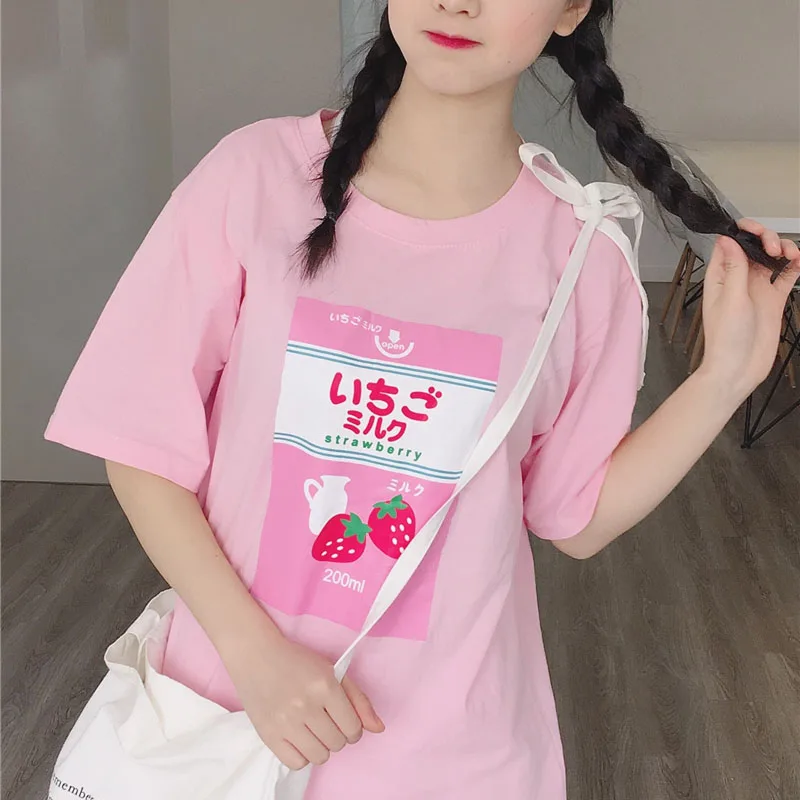 Harajuku Kawaii Strawberry Milk T Shirt Women Summer Korean Ulzzang Cute Short Sleeve Tshirt Tops Schoolgirl Clothes | Женская одежда