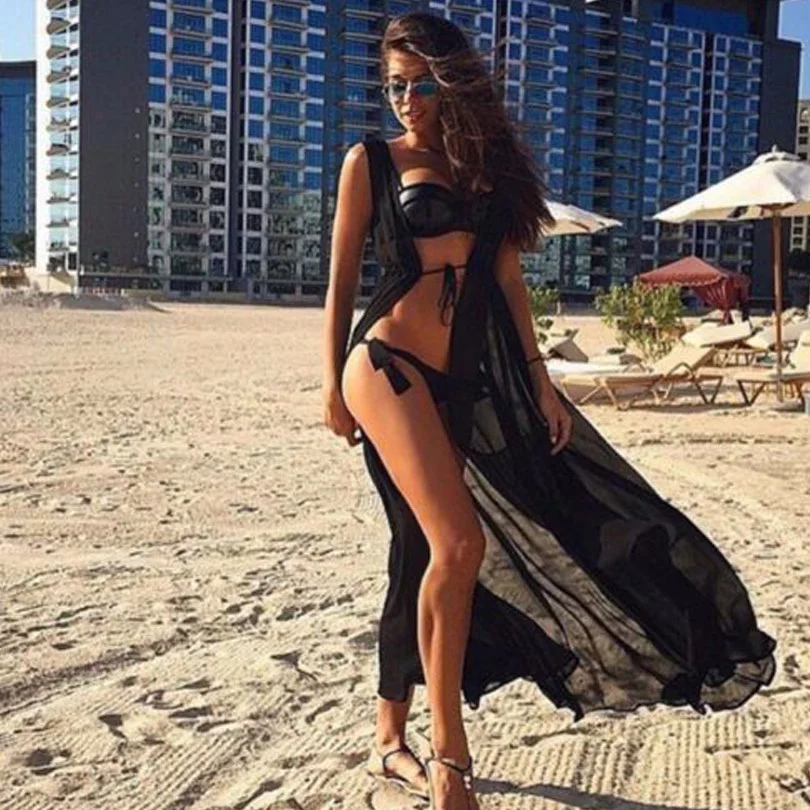 Один размер пляжа пикники Cover up шифон халат Plage Карамельный цвет кафтан платье парео для Для женщин Пляжная туника Саронг купальник