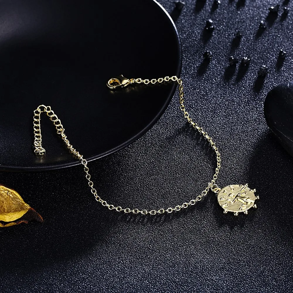 Fashion Women Bracelets Round Pendant Side Dots Fairy Carved Drop Bracelet Golden Link Chain Lobster Claps Lady Gift | Украшения и