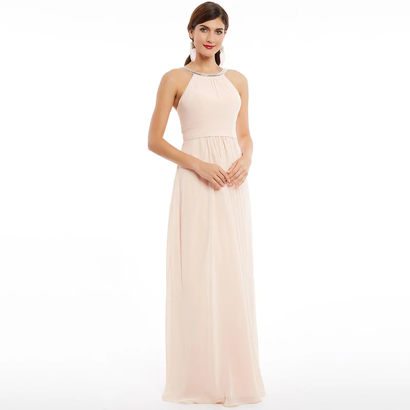 Длинное вечернее платье Tanpell жемчужное розовое с рюшами без рукавов на молнии