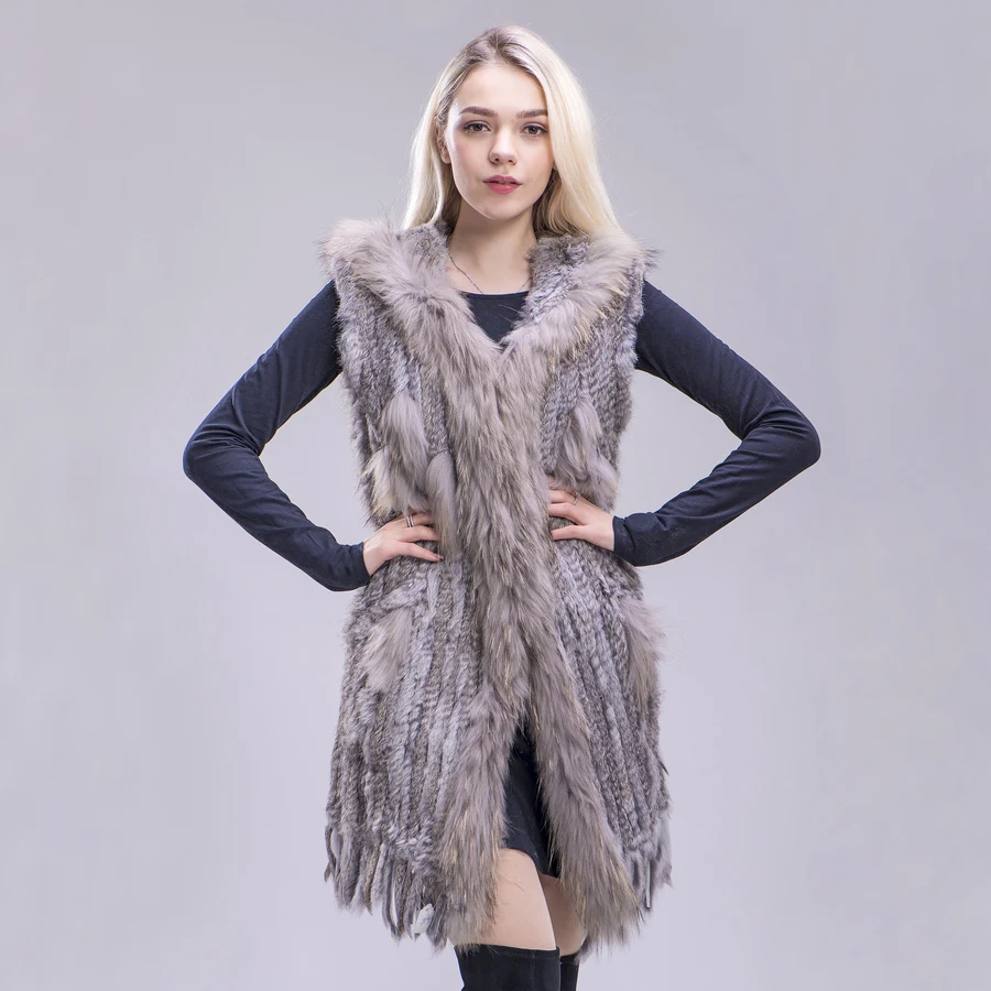 ZDFURS* женский жилет из натурального кроличьего меха с капюшоном, модный воротник из меха енота, жилеты, теплый длинный жилет из натурального меха