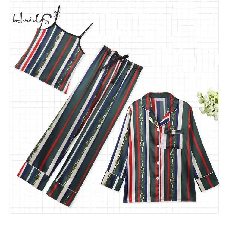 Stripe Printing Women's 7 Pieces Pajamas Sets Emulation Silk Satin Pajamas Women Sleepwear Sets Spring Summer Autumn Homewear