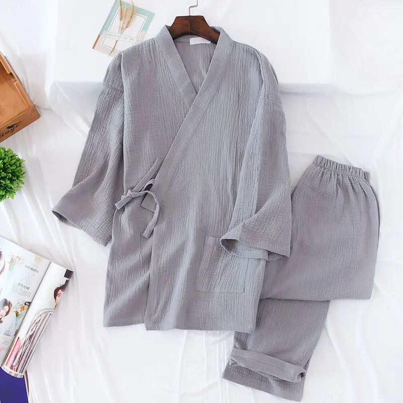 100% Cotton Crepe Men's and Women's Kimono Pajamas Long sleeved V Neck Pyjamas Women Suit Solid Plus Size Pijama Mujer|Комплекты