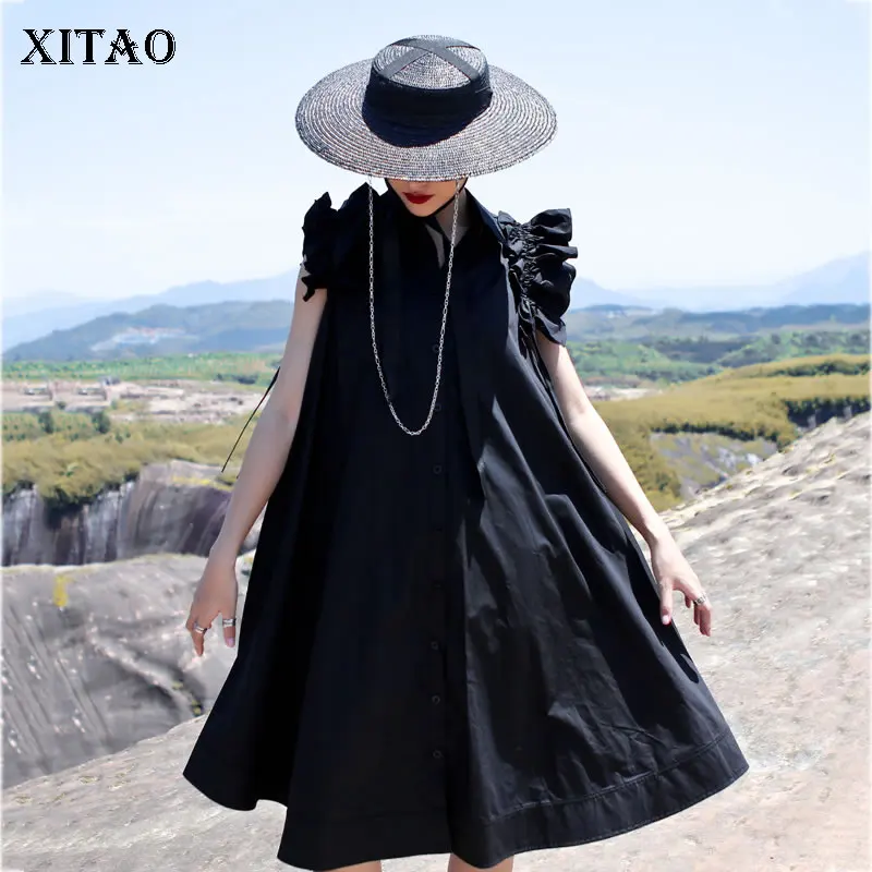 XITAO мини-платье с рюшами, асимметричное, однобортное, плюс размер, отложной воротник, пуговица, без рукавов, дикий Джокер, WLD2003