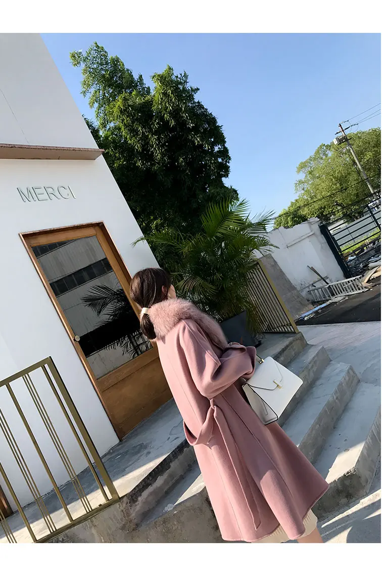 Rf0225 High Street шерстяное Женское пальто с воротником из натурального Лисьего меха с длинным рукавом и поясом шерстяное пальто