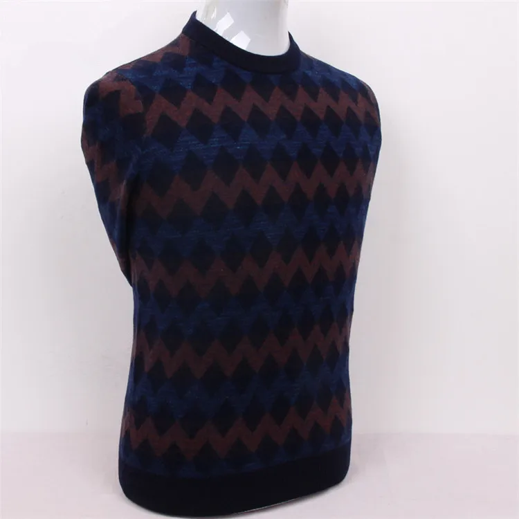 

high quality goat cashmere thread knit men fashion o-neck striped thick pullover sweater dark blue 2color S/3XL