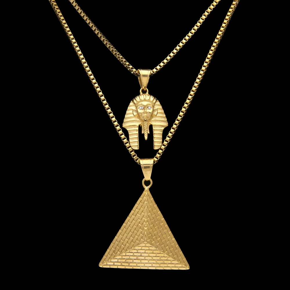 2 шт. Нержавеющая сталь Фараон Пирамида кулон Цепочки и ожерелья 60 см + 70 цепочка