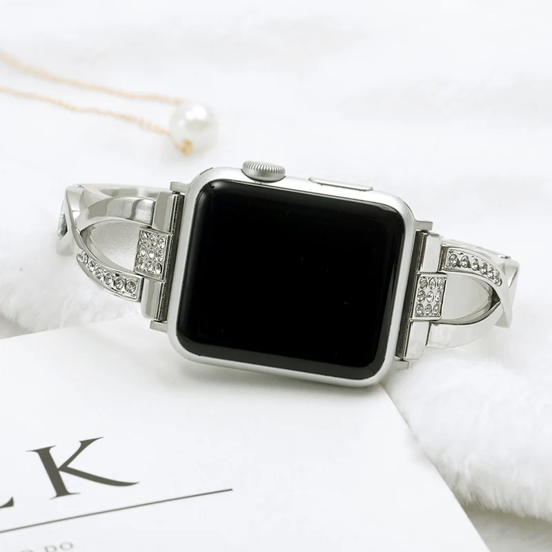 Серебристый Ремешок для часов Iwatch Band 5 4 3 2 38 мм 40 мм 44 мм 42 мм Алмазный розовый стальной Ремень для Apple Watch аксессуары для часов - Цвет ремешка: Серебристый