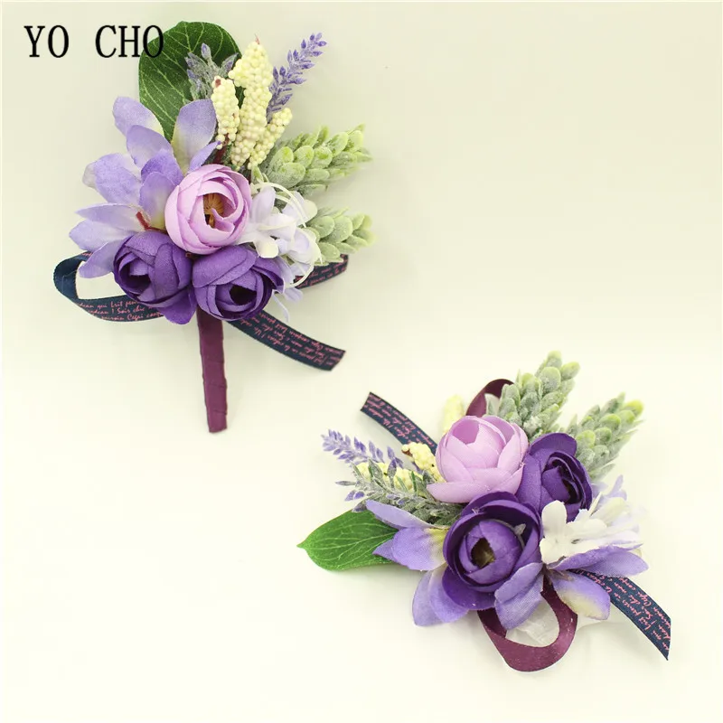 

YO CHO 2018 New Purple Wrist Corsage Flowers Prom Groom Bride Wedding Flower Wrist Corsage Boutonniere Bridesmaid Sisters Hand