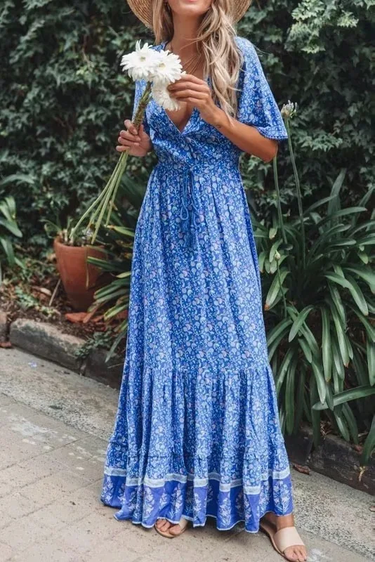 

2020Women's Bohemian Style Long Dress Retro V-neck Maxi Dress Spring Floral Printing Ethnic Dress Tassel Cotton Chic Dress Robes