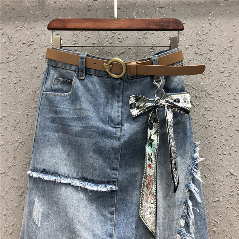 Женская джинсовая юбка из хлопка высокого качества Летняя асимметричная средней