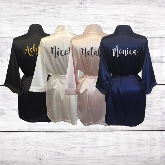 

Personalized names printed wedding Bride Bridesmaid satin pajamas robes bridal shower kiminos gifts party gifts