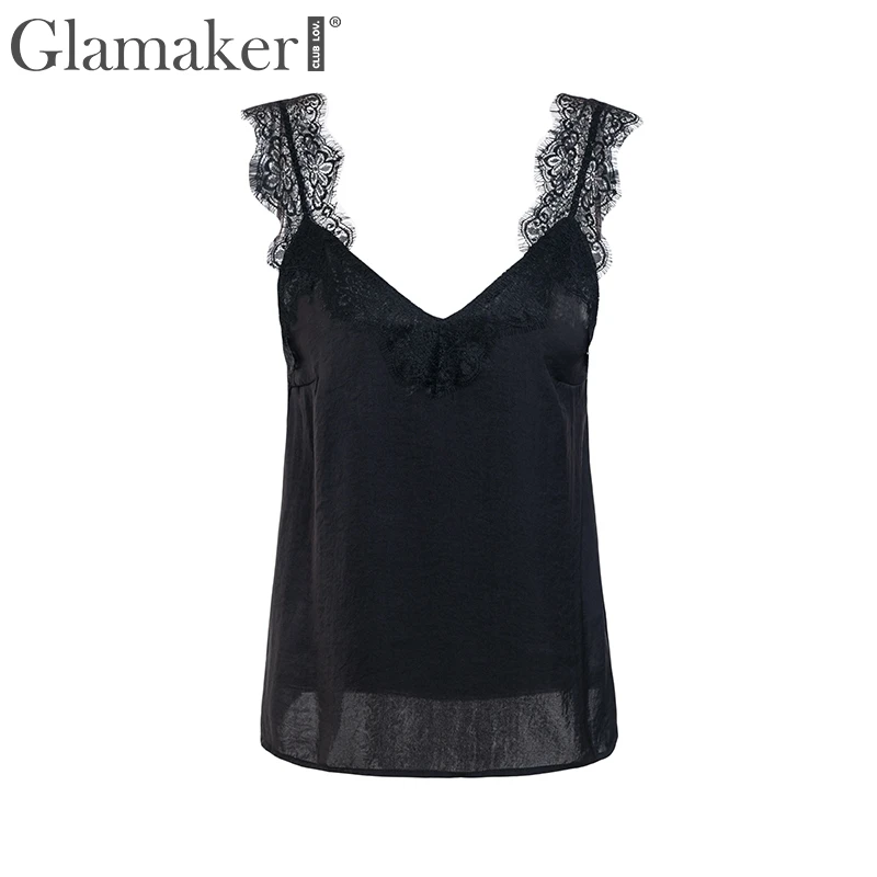 Glamaker, сексуальный, v-образный вырез, элегантное, кружевное, для женщин, сатин, черный, открытая спина, свободный, летний, камзол, майка, для девушек, на каждый день, уличная одежда, топ, cami