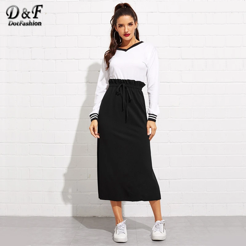 Dotfashion черная юбка с разрезом на талии, женская одежда, модная Осенняя Повседневная Длинная юбка с высокой талией и бантом