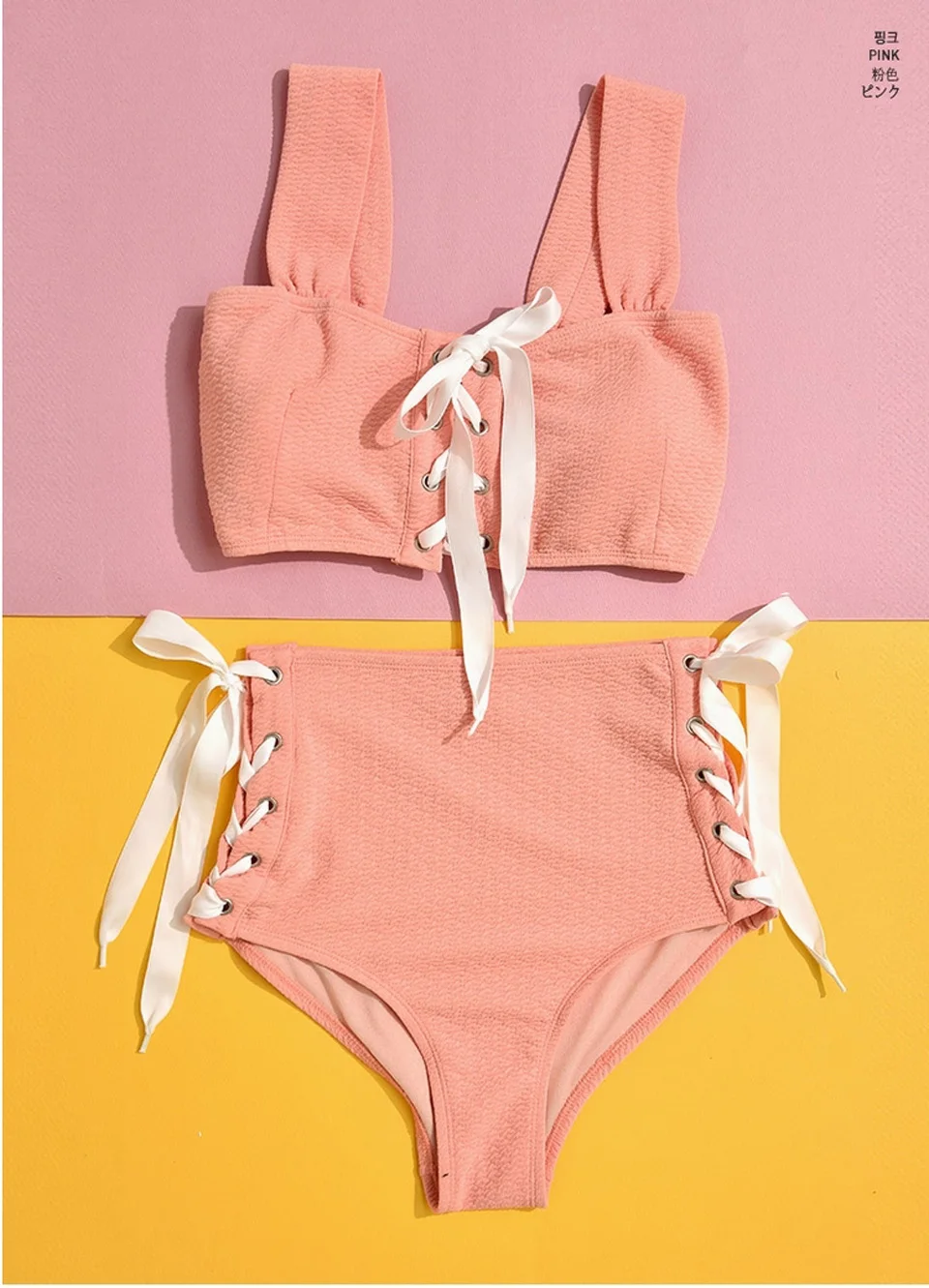 QianYuEr6640Pink Корейский комплект бикини для девочек, топ с рюшами, очень милый купальник, бикини с лямкой на шее, с высокой талией, комплект из двух предметов, купальный костюм Maillot de bain - Цвет: QianYuEr6640Pink