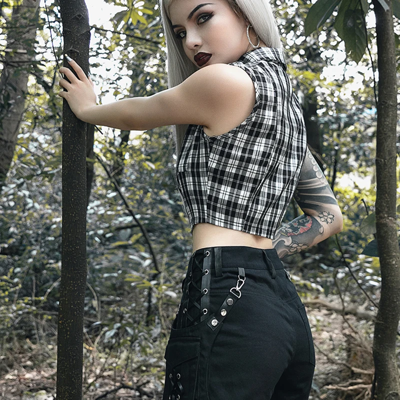 Gothic Chic Sexy Crop Tops Women T-shirt White Black Plaid Punk Streetwear Zipper Chain Plaid Female Goth Retro Hi Hop Camis Top