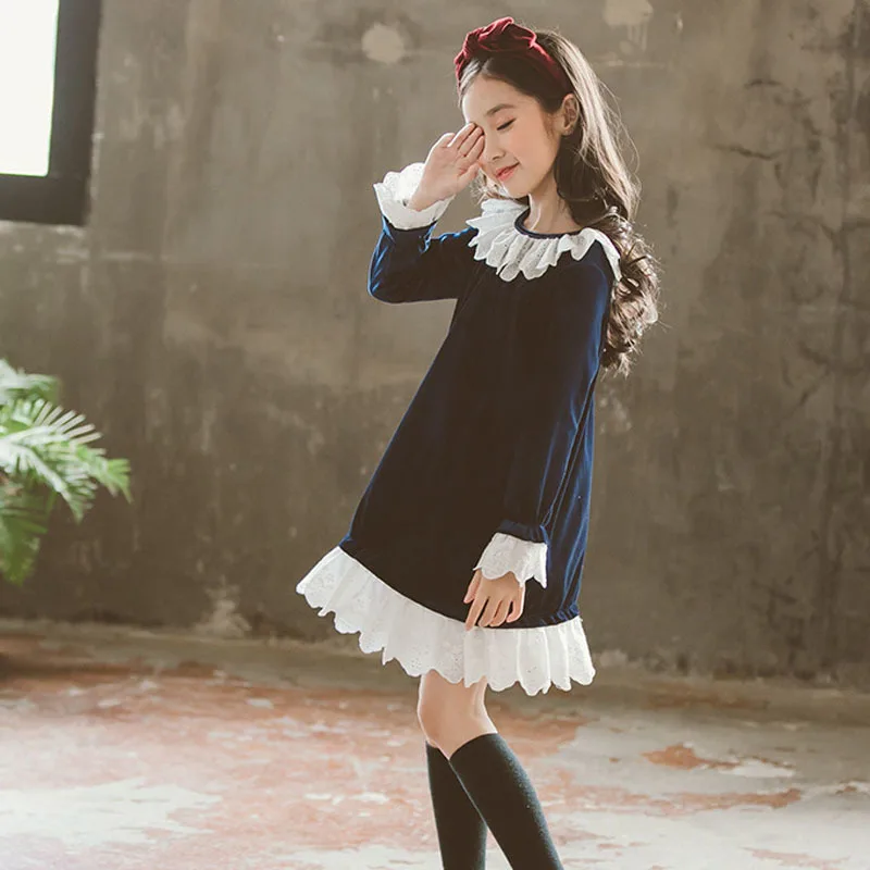 Christmas velvet teenage winter 2019 girls dresses fleece dress for girl lace patchwok long sleeve princess autumn baby | Детская одежда