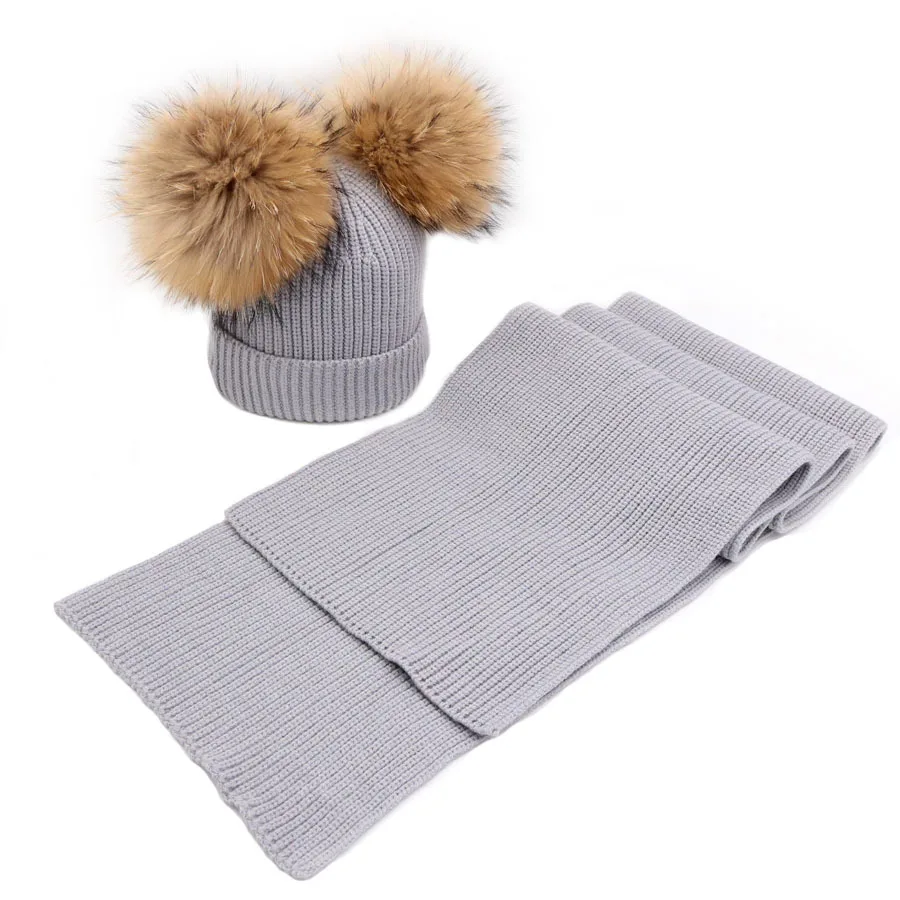 Children's Winter pom Hat and Ccarf Sets Girls Boys Real Fur Wool Beanie Hats Kids Warm Neckerchief Caps 6M-5T | Детская одежда и