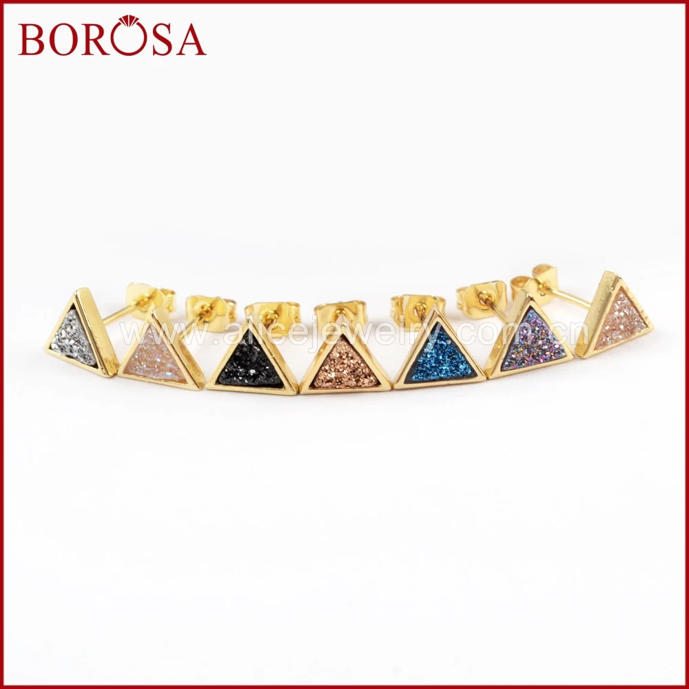BOROSA 5/10 пар, треугольные серьги-гвоздики золотого цвета, радужные титановые серьги-гвоздики Druzy, модные серьги Drusy, ювелирные изделия для женщин ZG0279