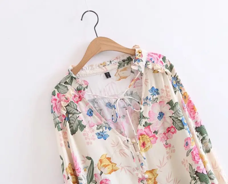 Boho блузка 2017 Новинка Осень кремовый цвет вискоза и хлопок цветочный принт блузки