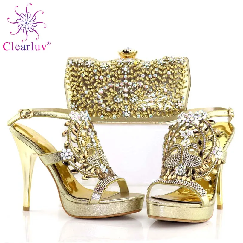 Magenta Color Nigerian Shoes and Matching Bag Ladies Italian Set Decorated with Rhinestone Italy | Обувь
