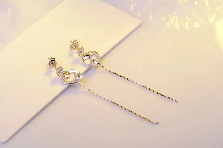 

New Fashion 925 Sterling Silver Shiny Crystal Love Heart Women Wedding Gift Ladies`tassels Stud Earrings Jewelry Anti Allergy