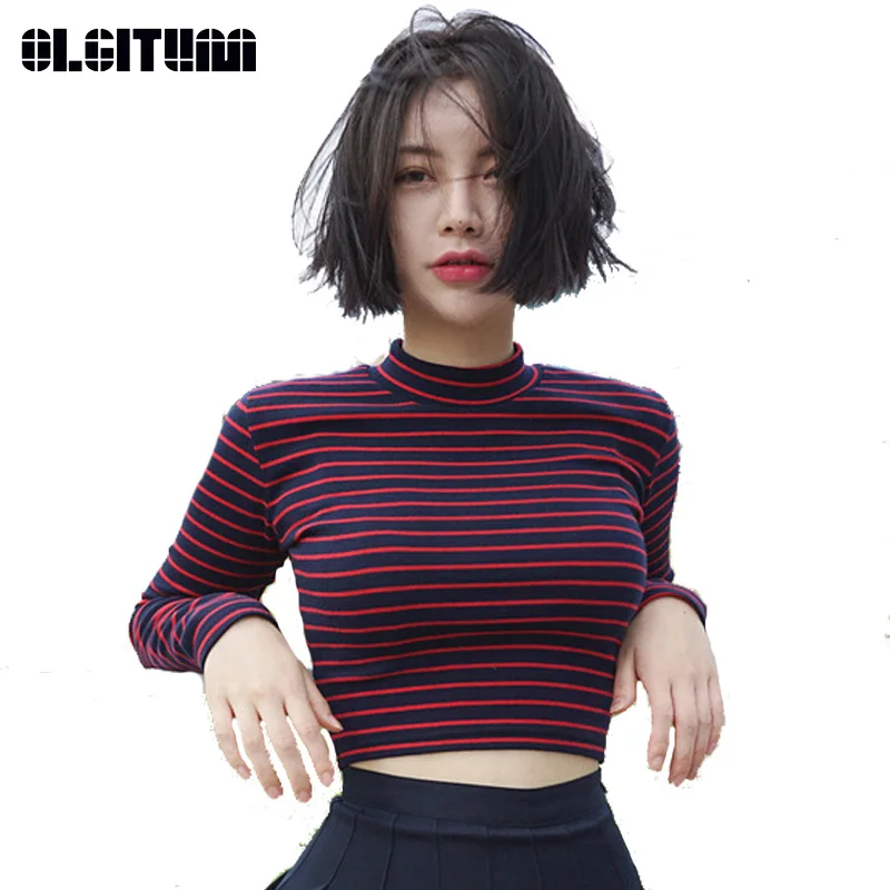

New 2020 Sweater Female Retro Sexy Navel Short Section Slim Stripes Knit Bottoming Shirt Long-Sleeved Sweater SW440