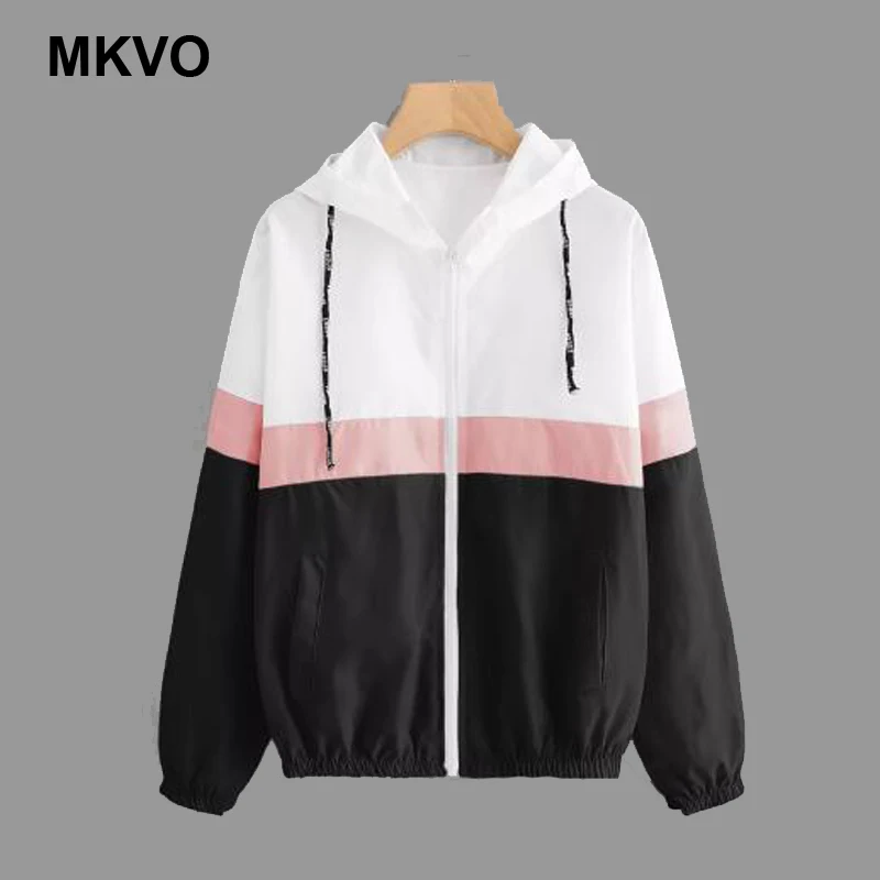 Весенне осенняя мода с капюшоном триколор ветровка куртка на молнии карманы