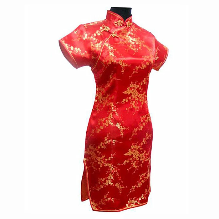 Черное традиционное китайское платье Mujer Vestido Женские атласные Qipao Мини Cheongsam цветочный размер S M L XL XXL XXXL 4XL 5XL 6XL J4039 - Цвет: Red - Short