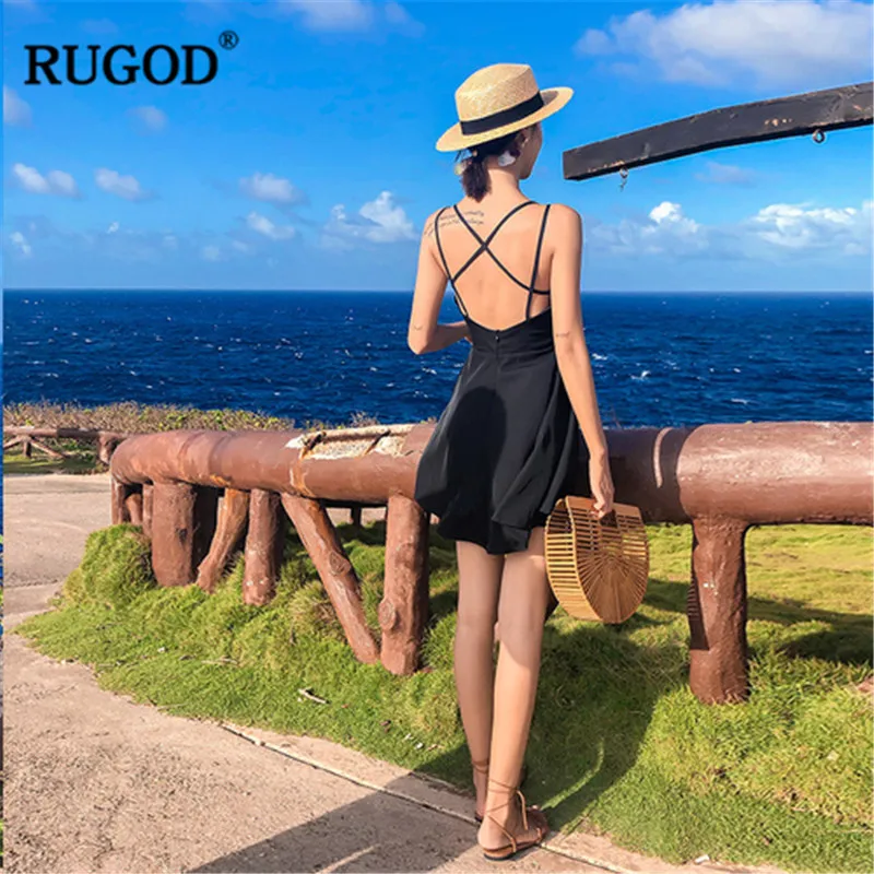 Женское платье на бретельках RUGOD черное пляжное мини-платье с открытой спиной и
