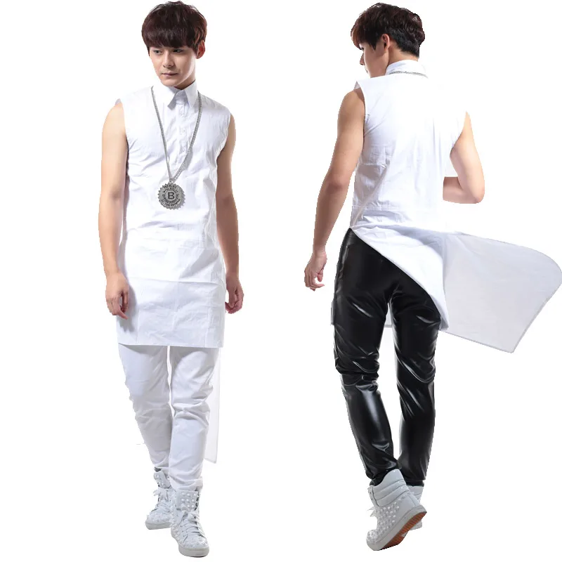 Новая стильная белая рубашка без рукавов с ласточкиным хвостом мужской