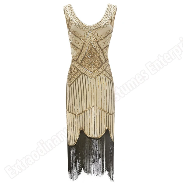 Женское вечернее платье 1920 s Great Gatsby Flapper Vestidos с блестками и бисером, платье с бахромой, вечернее платье с v-образным вырезом, украшенное бахромой, без рукавов - Цвет: Gold