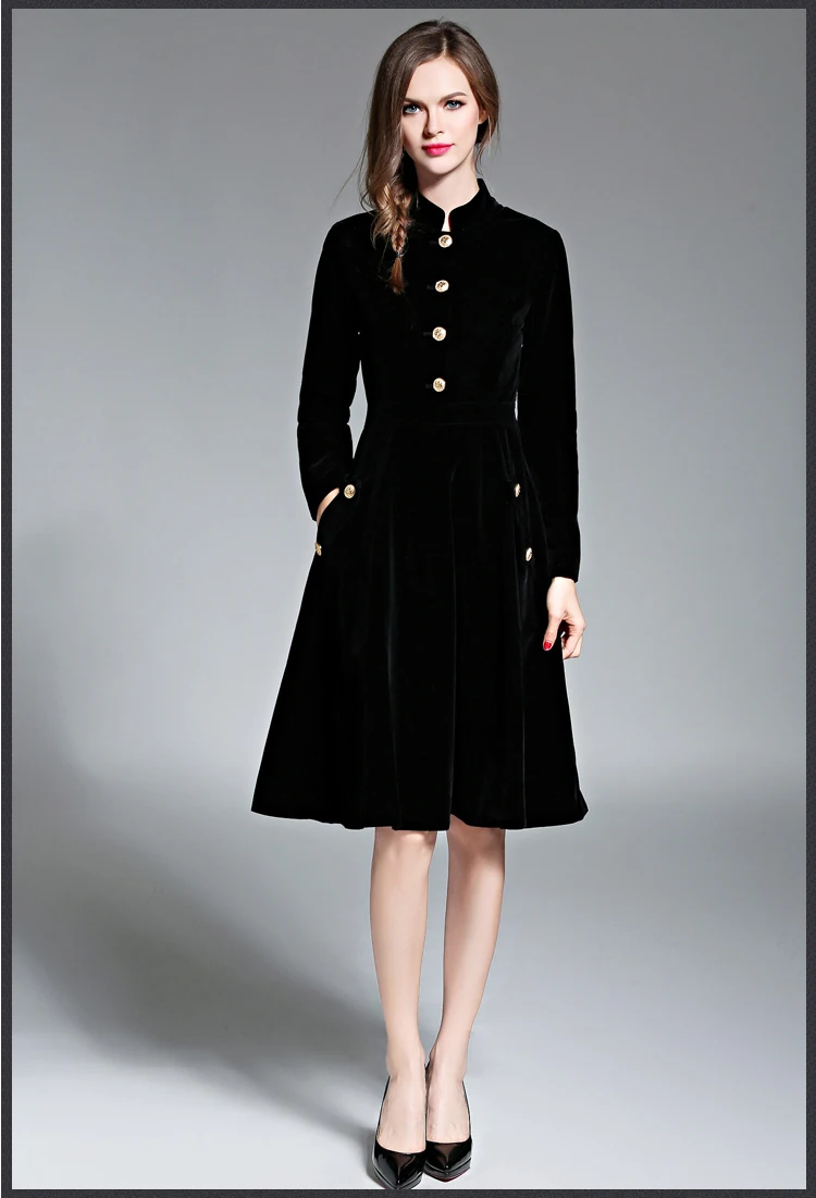 Черный Vintage Dress Женщины Элегантный Тонкий Бархат с Длинными Рукавами Платье Ol Office