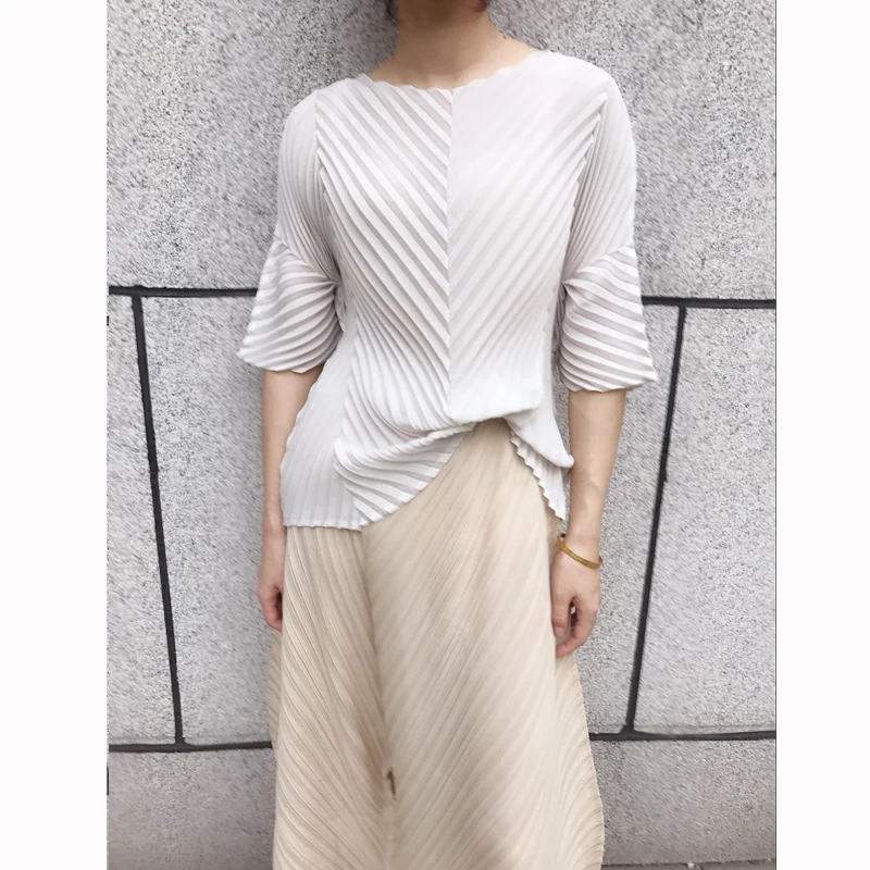 Changpleat, новинка, Женская свободная футболка, топы, Miyak, плиссированная, модный дизайн, Круглый ворот, одноцветная, неровная, большой размер, женские футболки, T956
