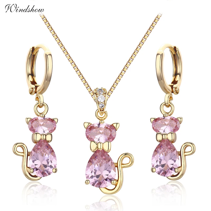 Милые котята Коты розовые CZ Подвески с камнями ожерелья серьги капли желтого