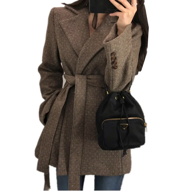Женское шерстяное пальто Осень зима 2019 новое повседневное теплое на шнуровке в