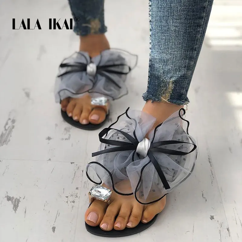 LALA IKAI/женские шлепанцы в горошек с бантом бабочкой летние пляжные модная обувь на