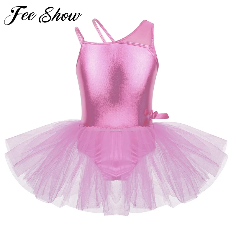 Kids Girls Glossy One Shoulder with Mesh Splice Bowknot Leotard Dress for Ballet Dance Gymnastics training Tutu | Детская одежда и