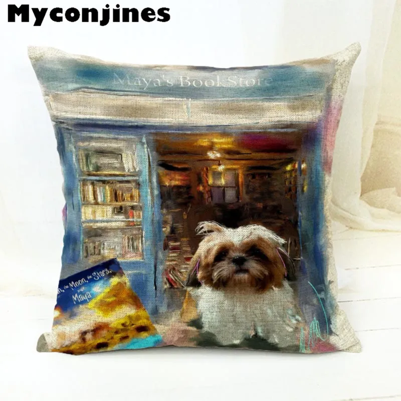 Милая мультяшная собачка, картина маслом, Shih Tzu, Наволочка на подушку, 17 дюймов, льняная декоративная домашняя подушка для сиденья автомобиля, осенняя подушка для леса