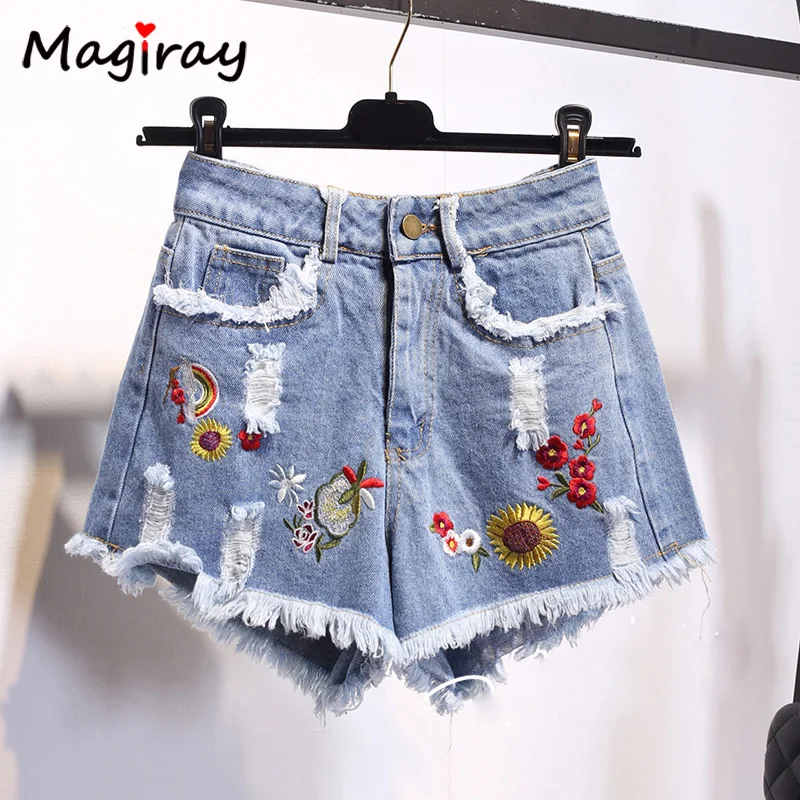 Крем с завышенной талией джинсовые шорты для женщин цветочной вышивкой С